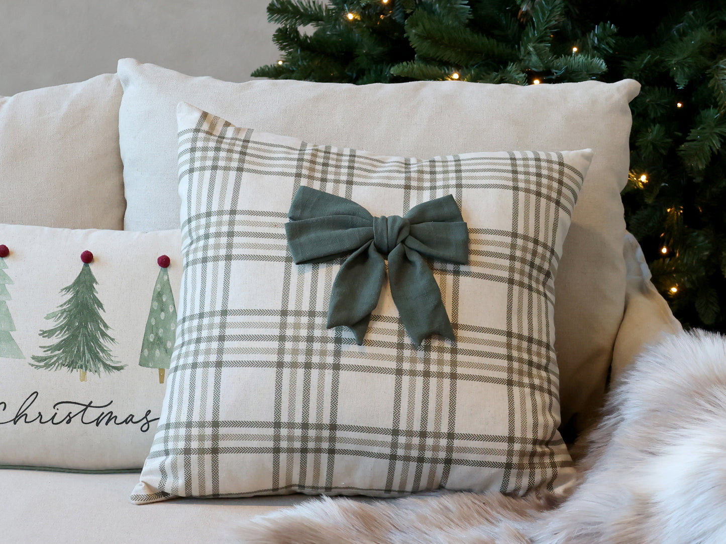 Green Checked Cushion Cover with Bow