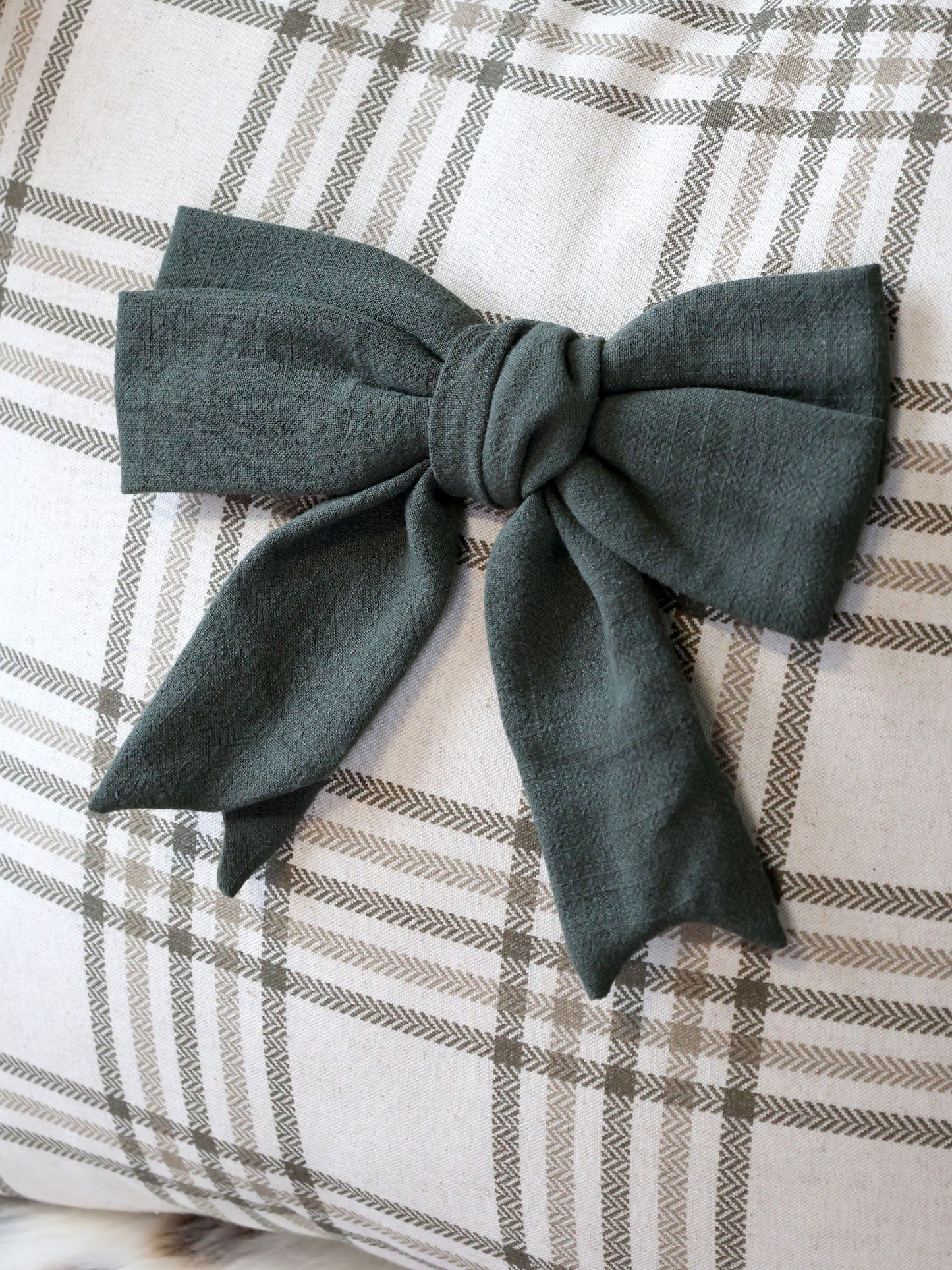 Green Checked Cushion Cover with Bow