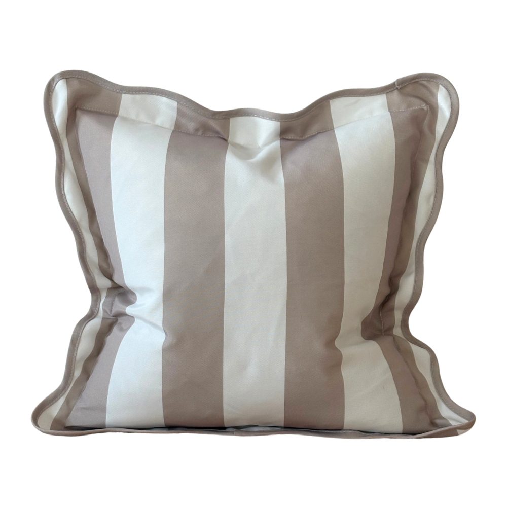 Outdoor Greige Stripe Scalloped Edge Cushion