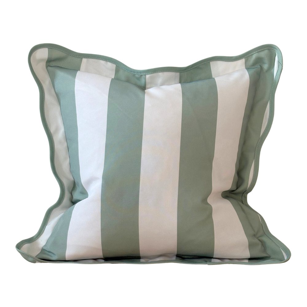 Outdoor Sage Stripe Scalloped Edge Cushion