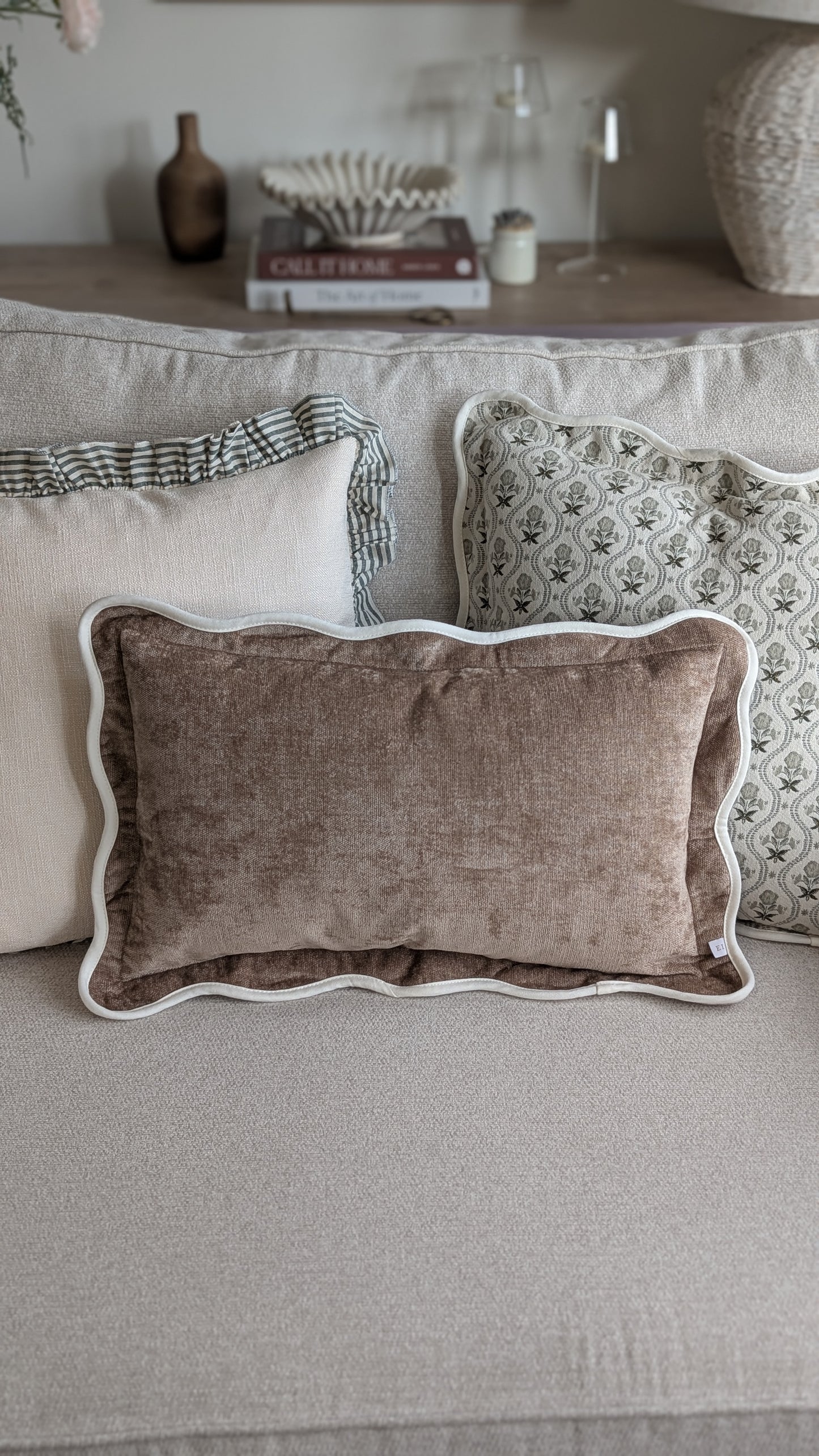 Coffee Scallop Edged Rectangular Cushion Cover