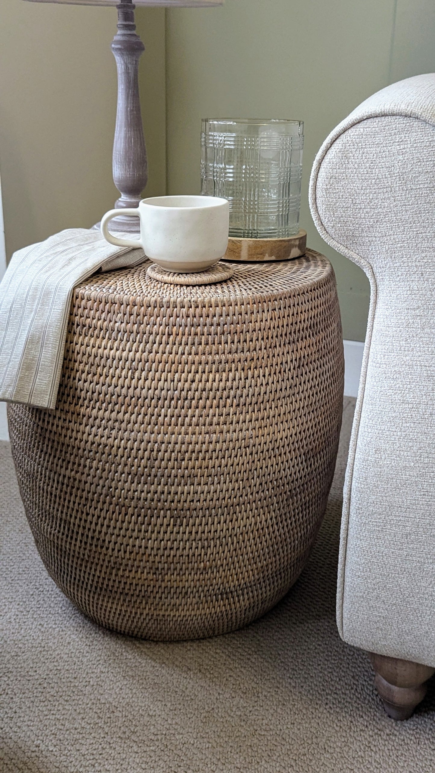 Whitewash Rattan Drum Stool