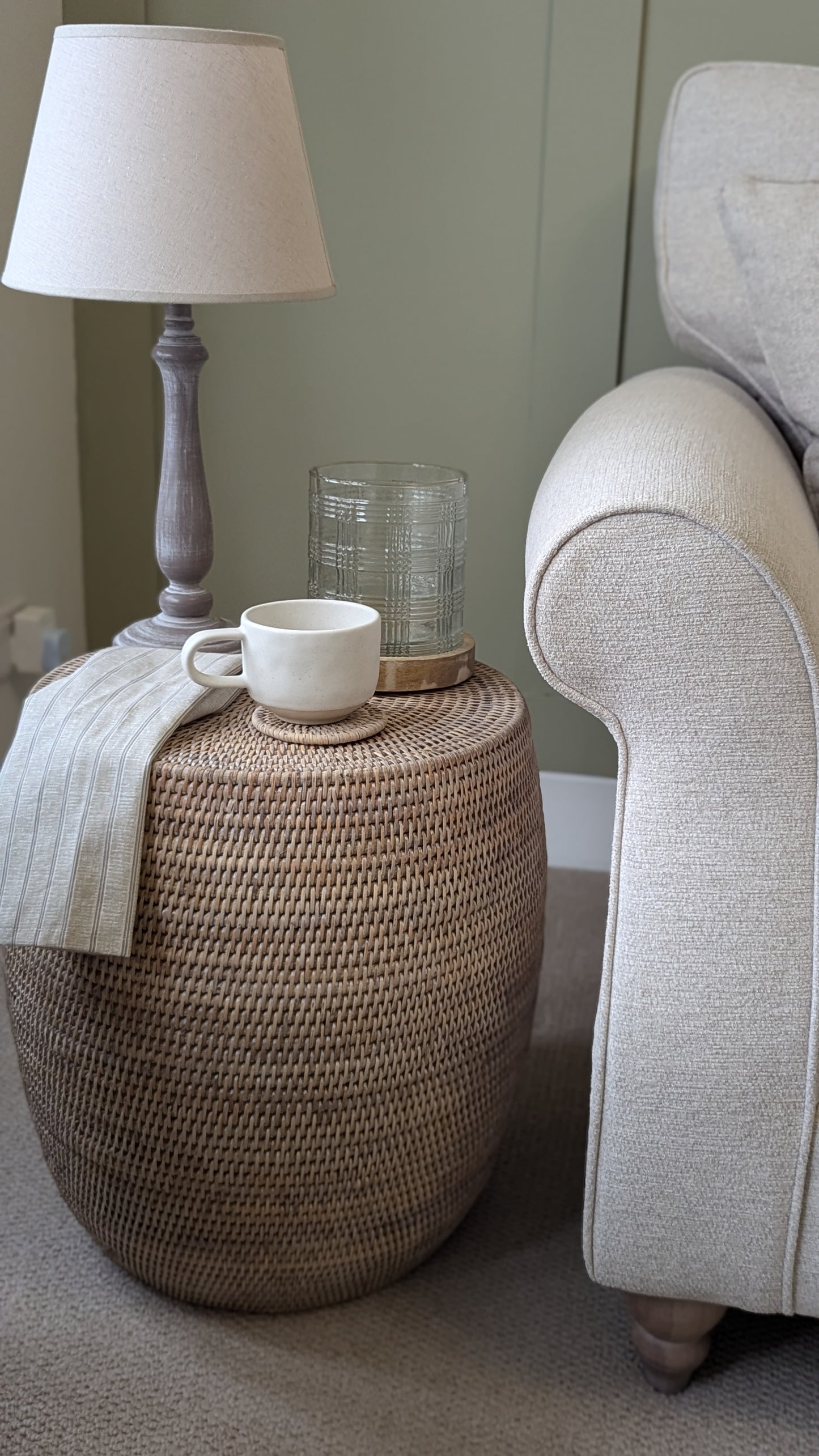 Whitewash Rattan Drum Stool