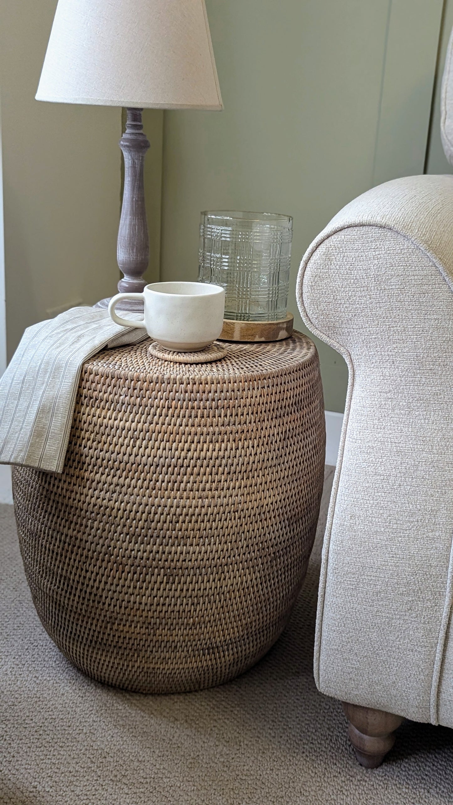 Whitewash Rattan Drum Stool