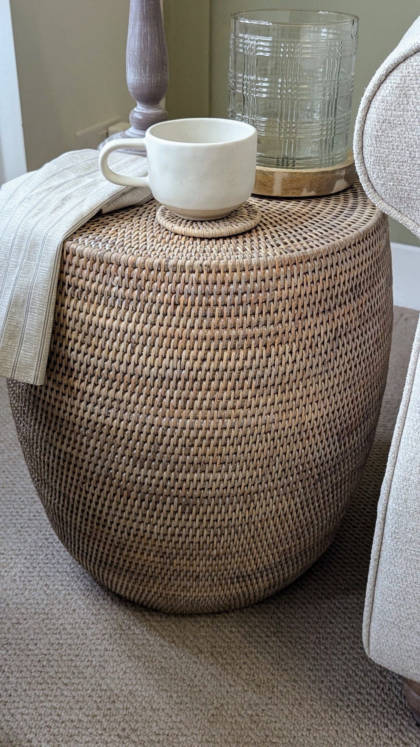 Whitewash Rattan Drum Stool