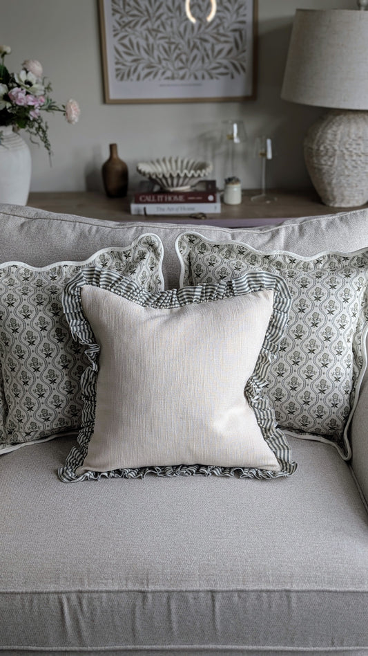Green and Cream Striped Ruffle Edged Cushion Cover