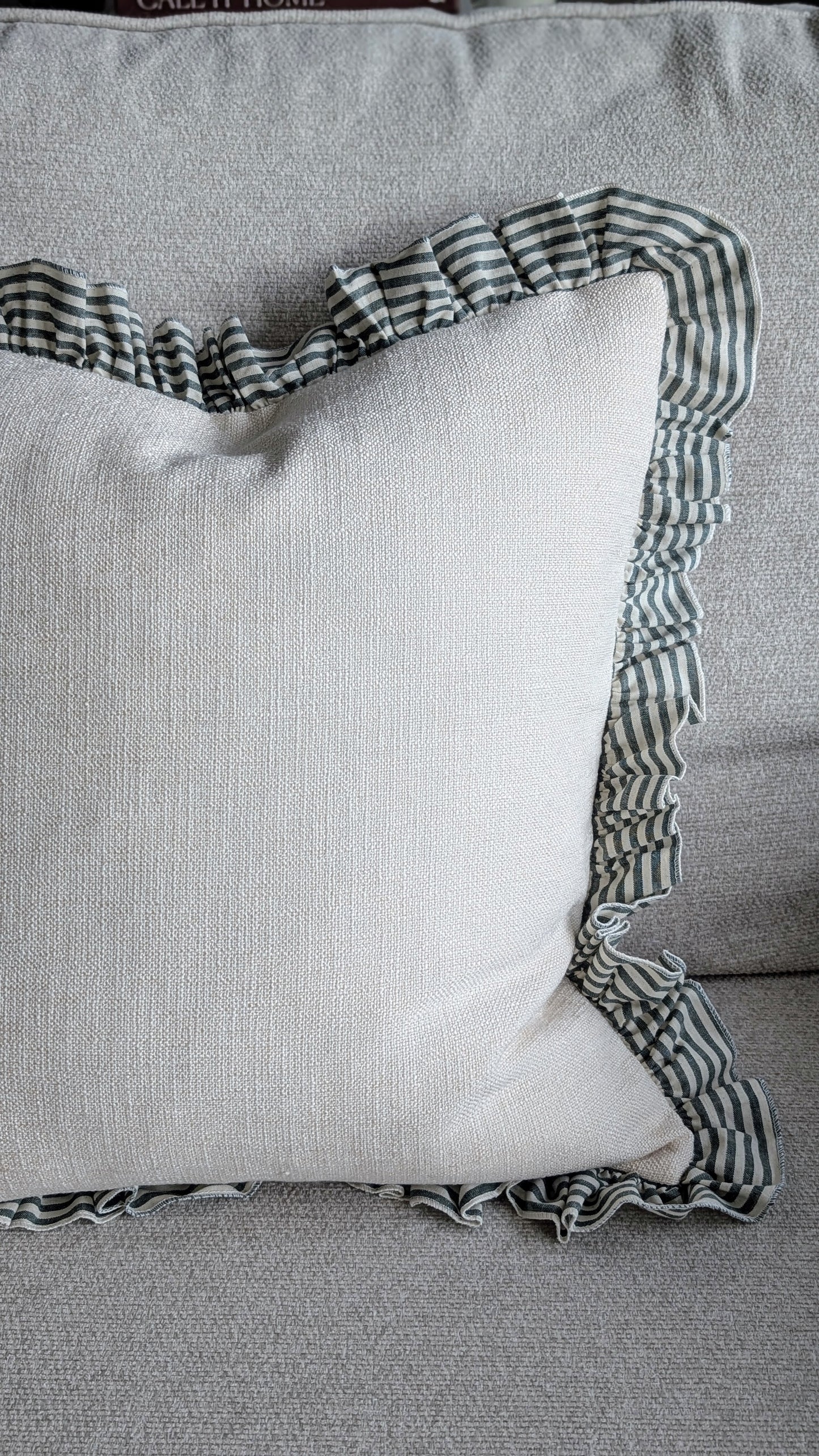 Green and Cream Striped Ruffle Edged Cushion Cover