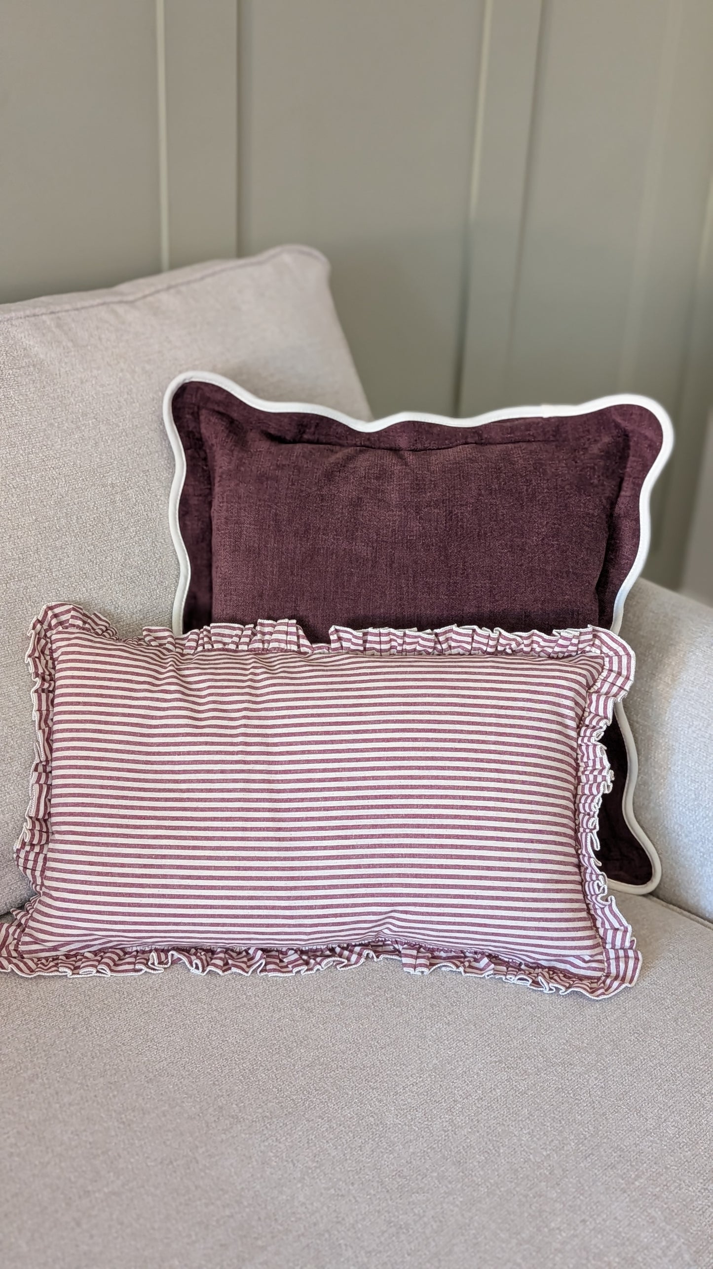 Burgundy Striped Ruffle Edged Cushion Cover