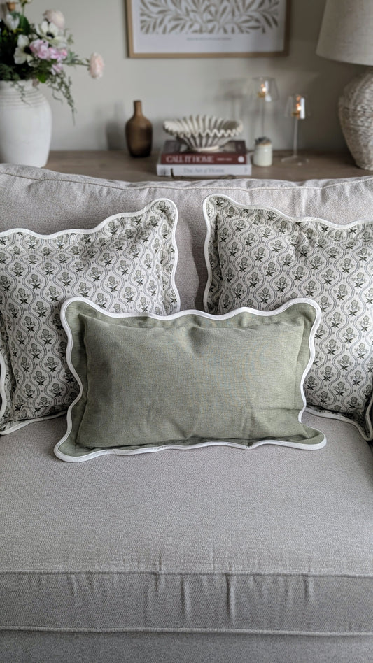 Sage Green Scallop Edged Rectangular Cushion Cover