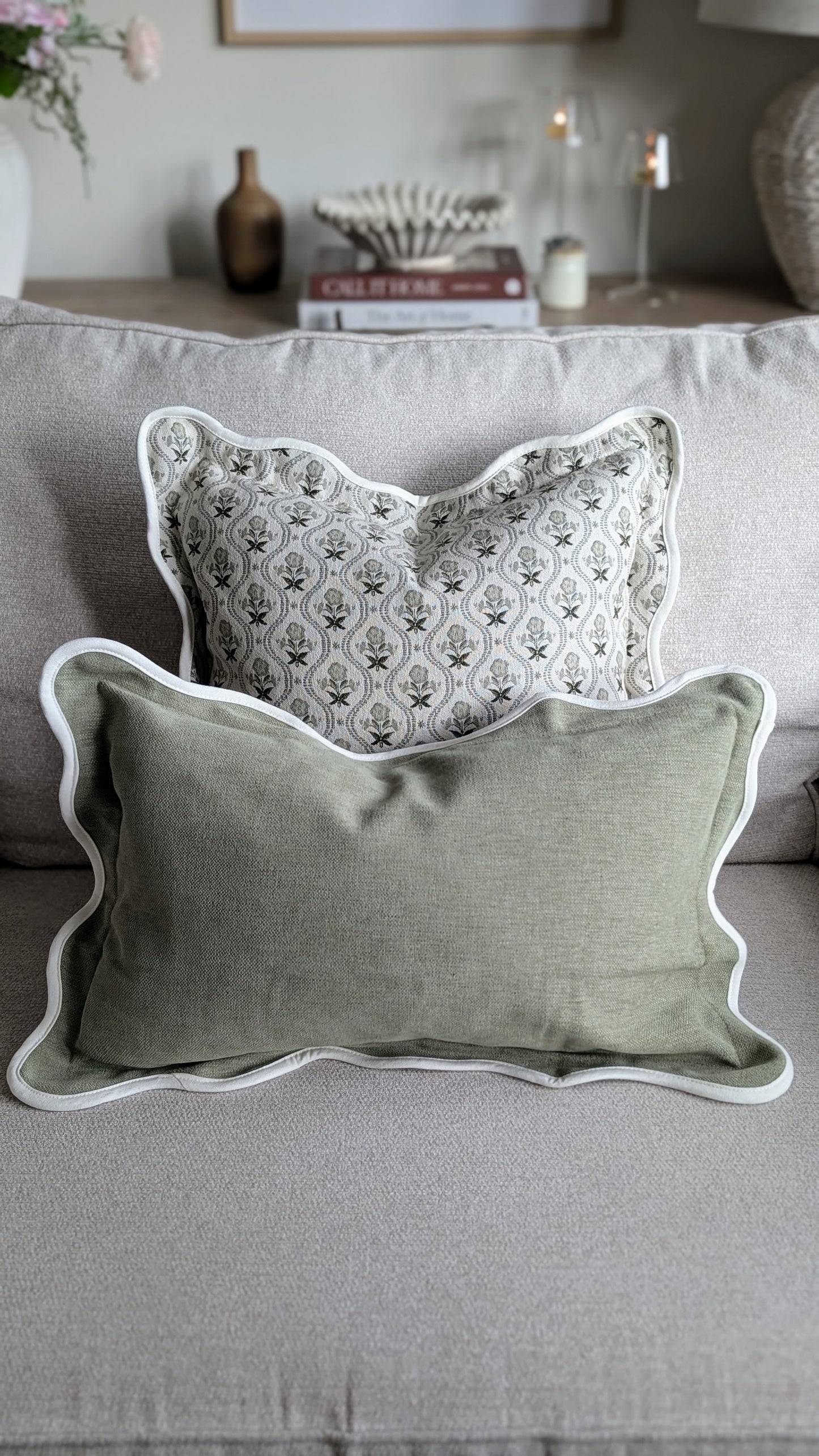 Sage Green Scallop Edged Rectangular Cushion Cover