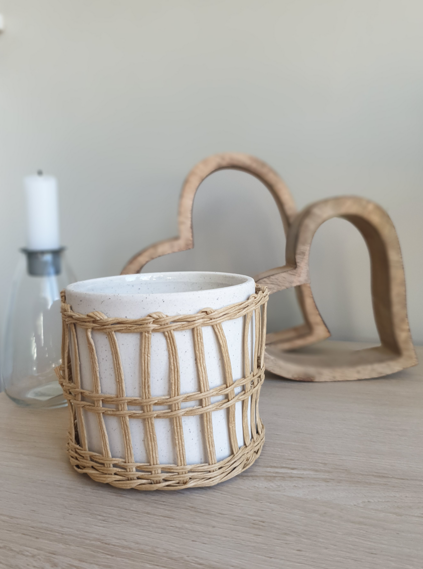 Speckled White and Woven Planter