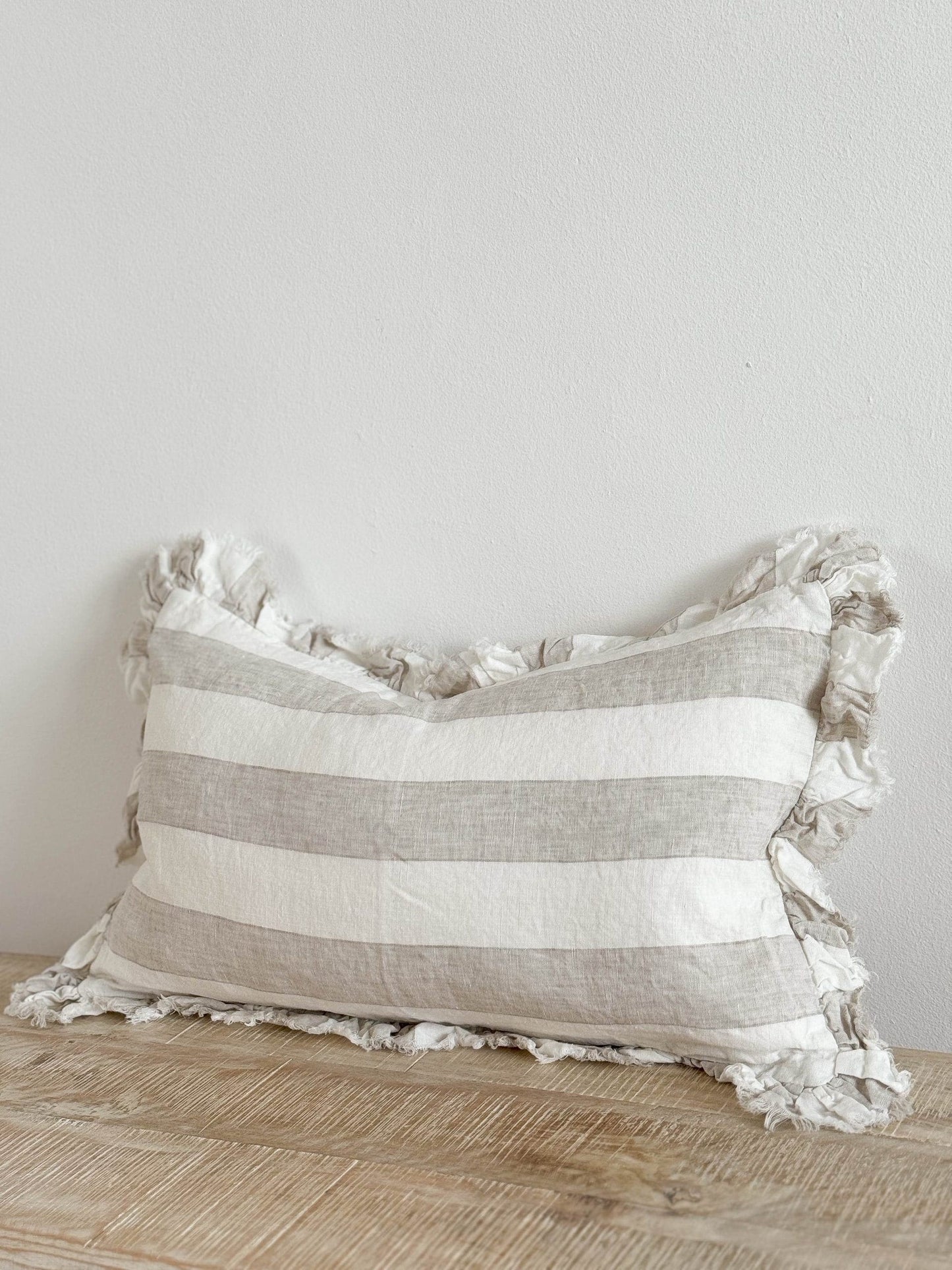 Rectangular Wide Striped Natural Ruffle Cushion Cover