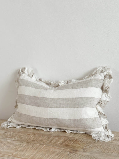 Rectangular Wide Striped Natural Ruffle Cushion Cover