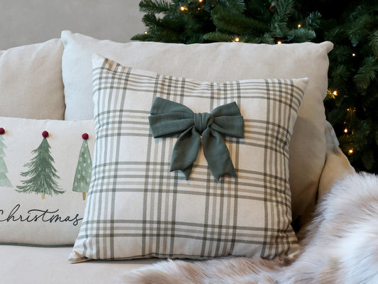 Green Checked Cushion Cover with Bow