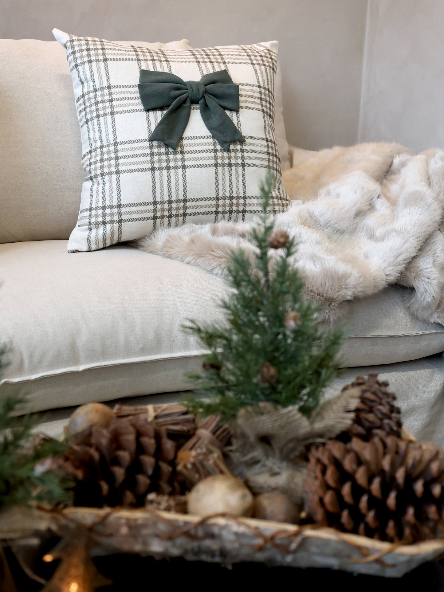 Green Checked Cushion Cover with Bow