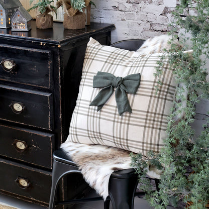 Green Checked Cushion Cover with Bow