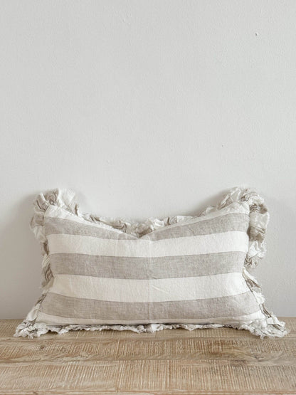 Rectangular Wide Striped Natural Ruffle Cushion Cover