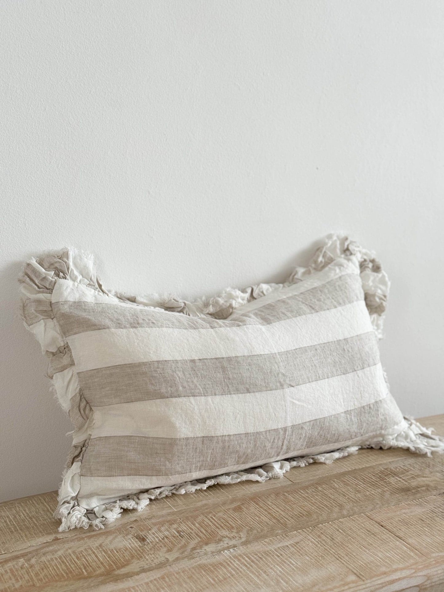 Rectangular Wide Striped Natural Ruffle Cushion Cover