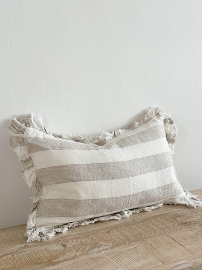 Rectangular Wide Striped Natural Ruffle Cushion Cover