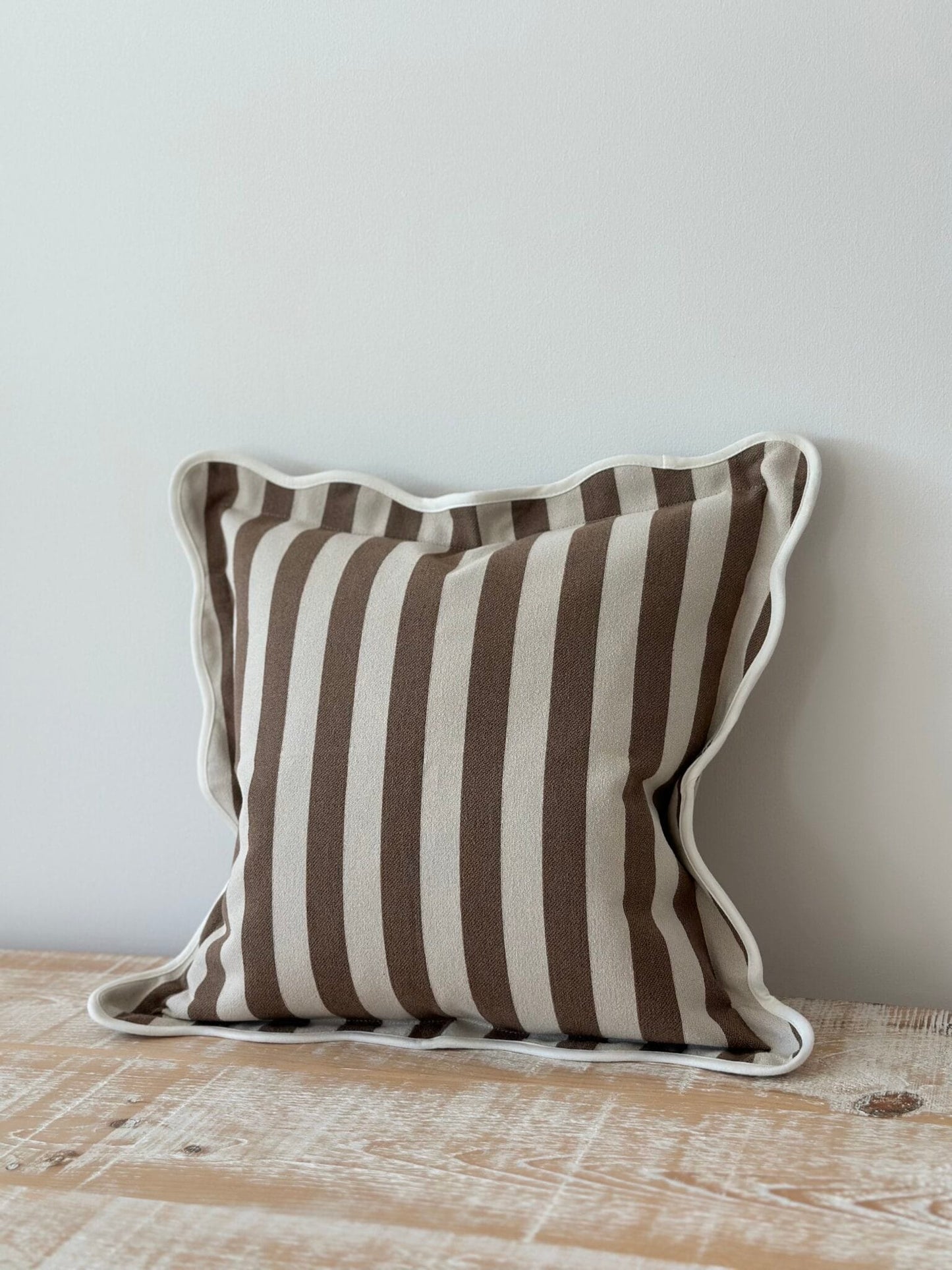 Brown Striped Scallop Edged Cushion Cover