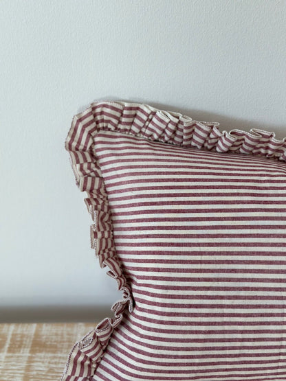 Burgundy Striped Ruffle Edged Cushion Cover