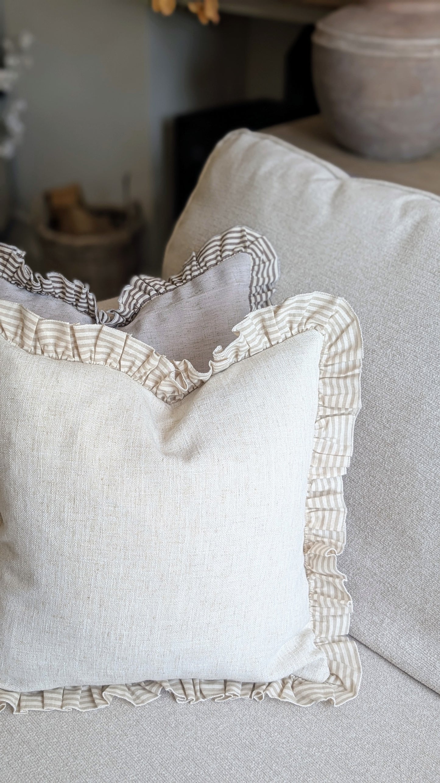 Beige Stripe Ruffle Edge Cushion Cover