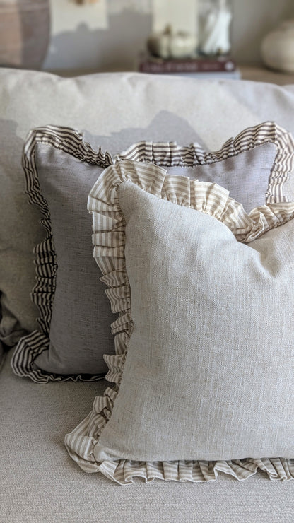 Beige Stripe Ruffle Edge Cushion Cover
