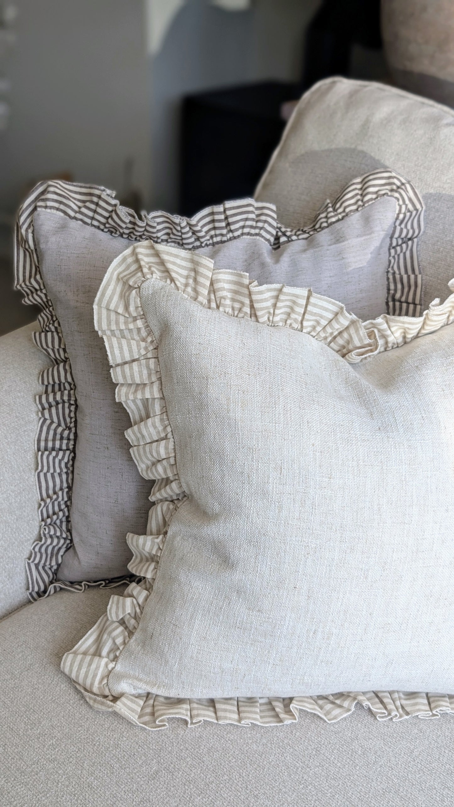 Beige Stripe Ruffle Edge Cushion Cover