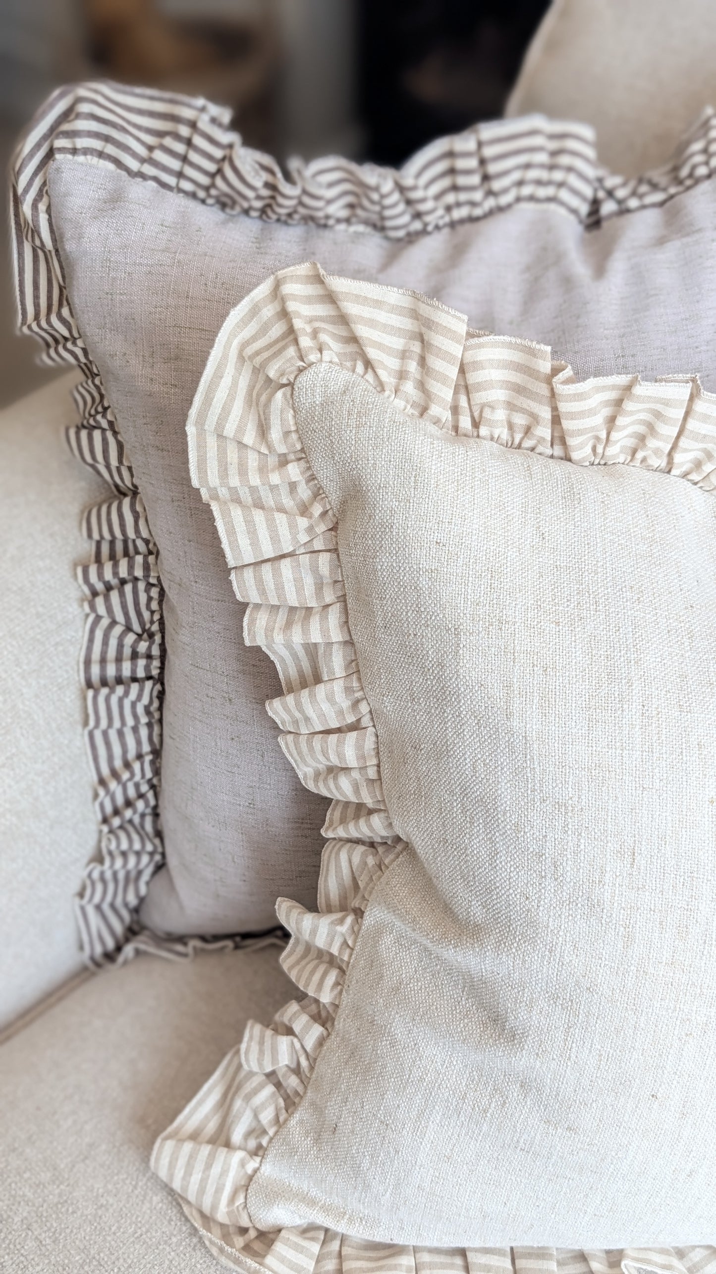 Beige Stripe Ruffle Edge Cushion Cover