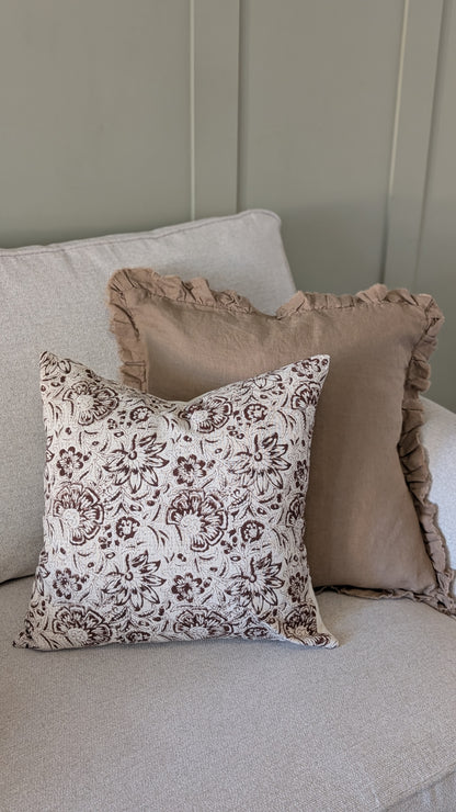 Dark Brown Vintage Floral Print Cushion Cover