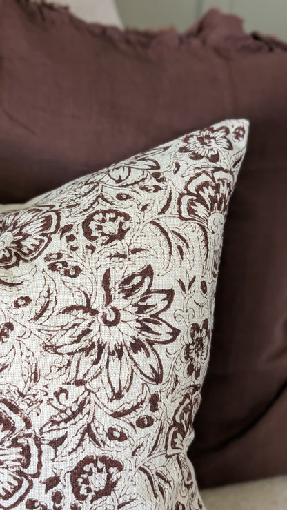 Dark Brown Vintage Floral Print Cushion Cover