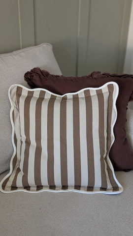 Brown Striped Scallop Edged Cushion Cover