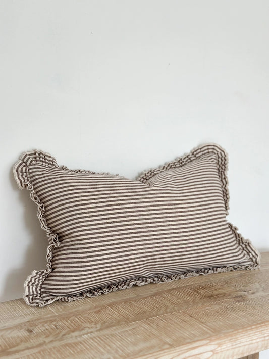 Brown Striped Ruffle Edged Cushion Cover