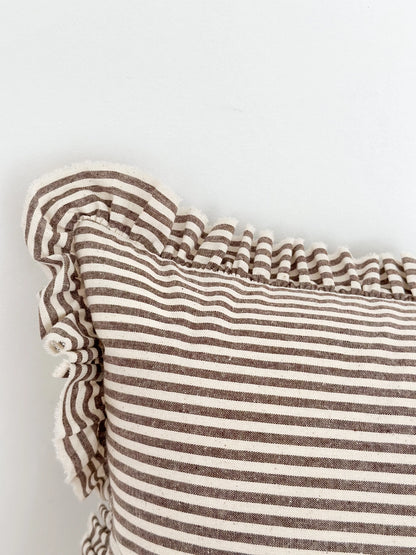 Brown Striped Ruffle Edged Cushion Cover