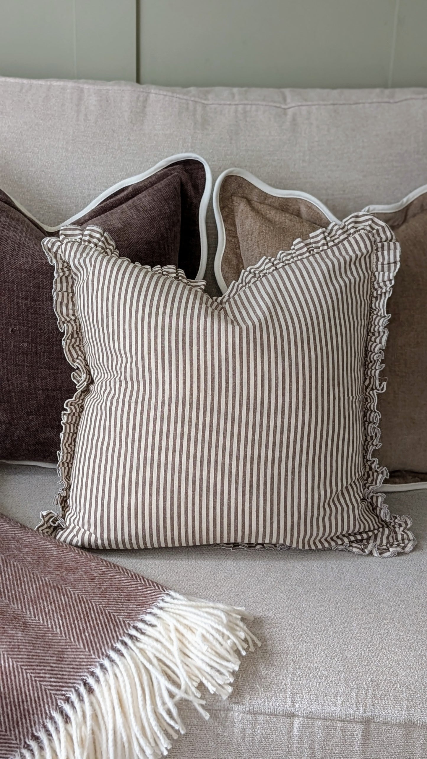 Brown Striped Ruffle Edged Cushion Cover