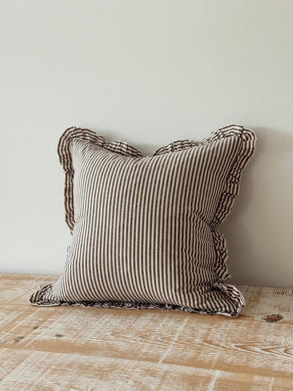 Brown Striped Ruffle Edged Cushion Cover