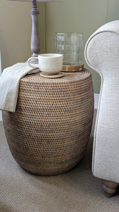 Whitewash Rattan Drum Stool