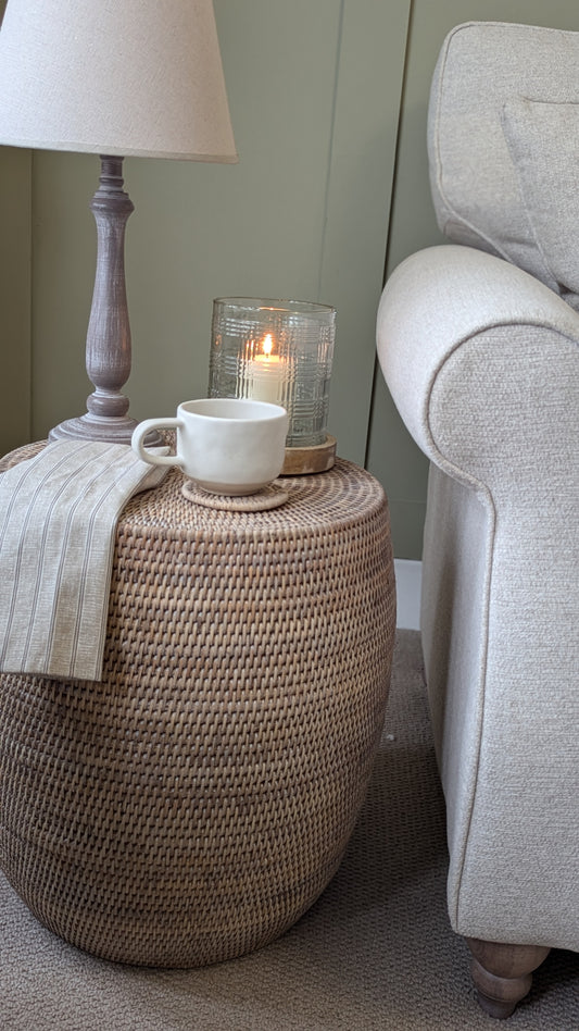 Whitewash Rattan Drum Stool