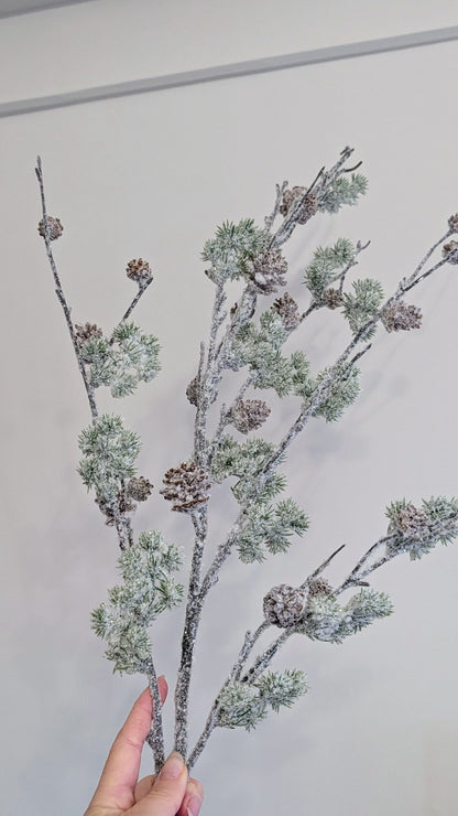 Green Snowy Pine Cone Spray