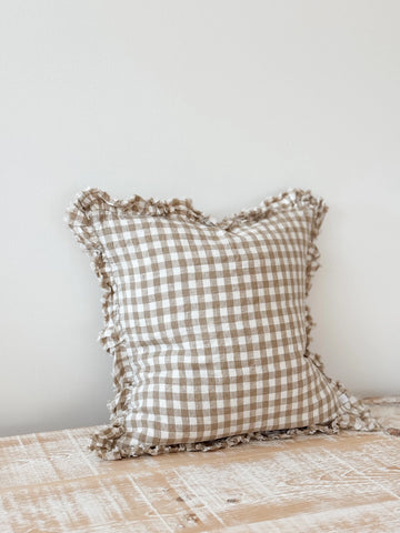 Brown Gingham Ruffle Edged Cushion Cover