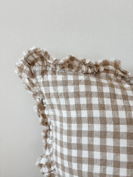 Brown Gingham Ruffle Edged Cushion Cover