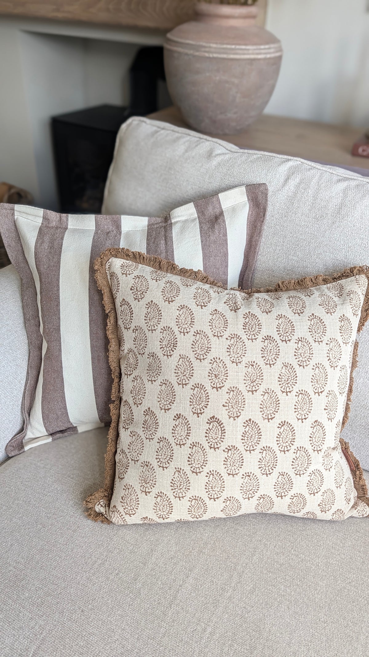 Brown and Cream Stripe Flanged Cushion Cover