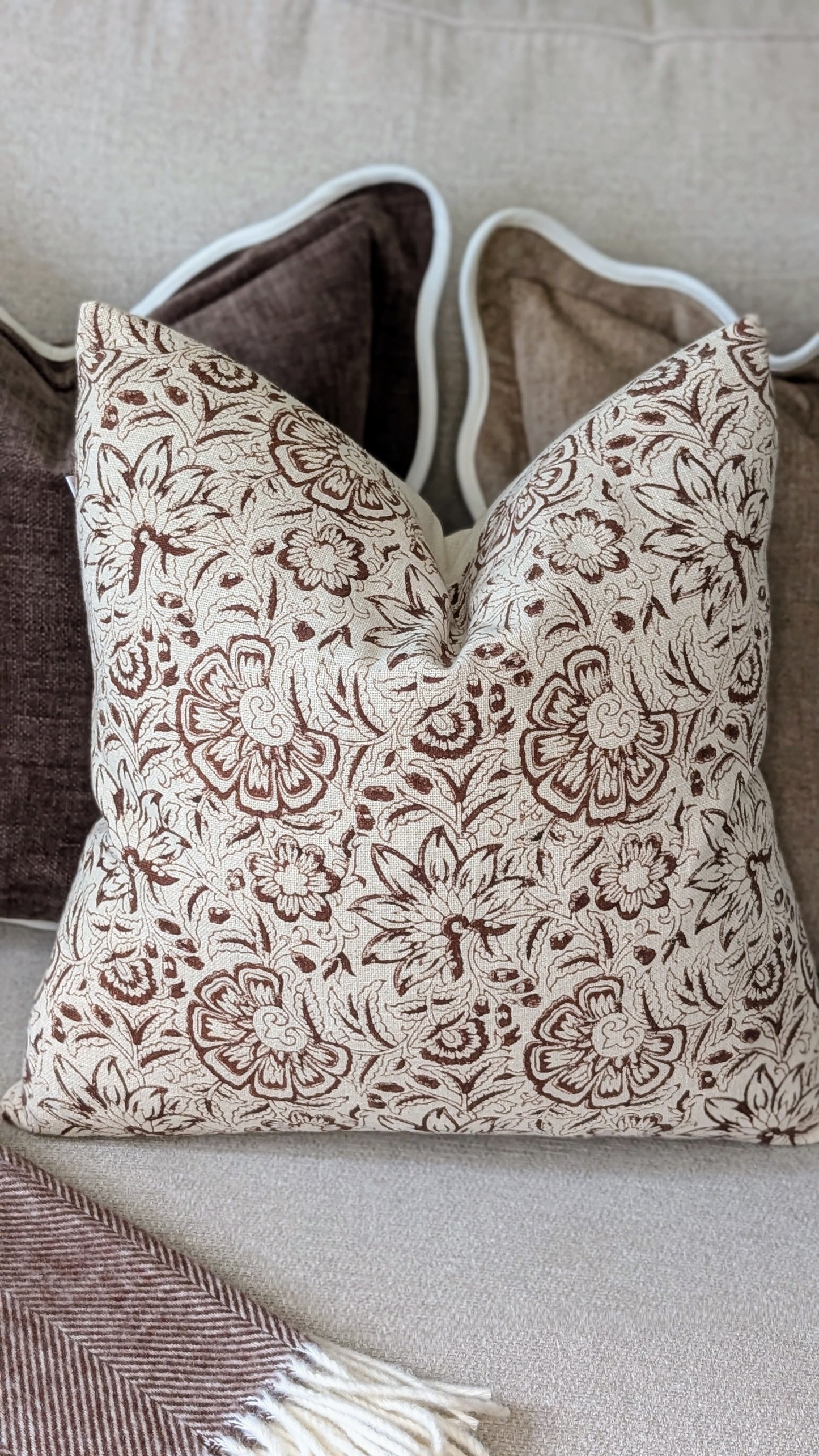 Dark Brown Vintage Floral Print Cushion Cover