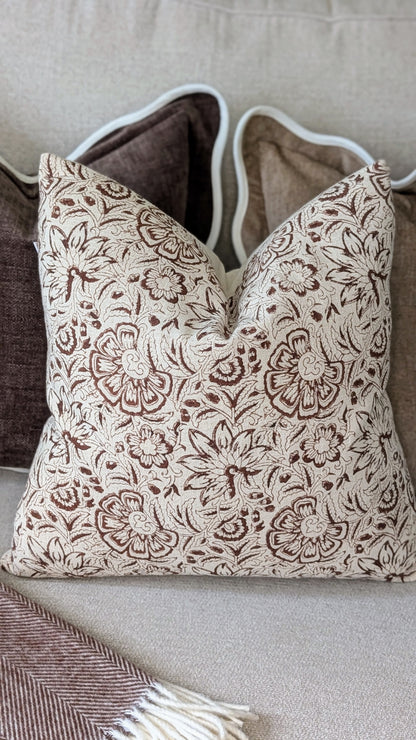 Dark Brown Vintage Floral Print Cushion Cover