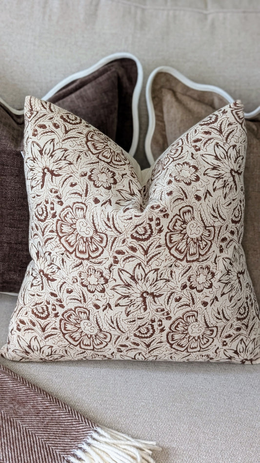 Dark Brown Vintage Floral Print Cushion Cover