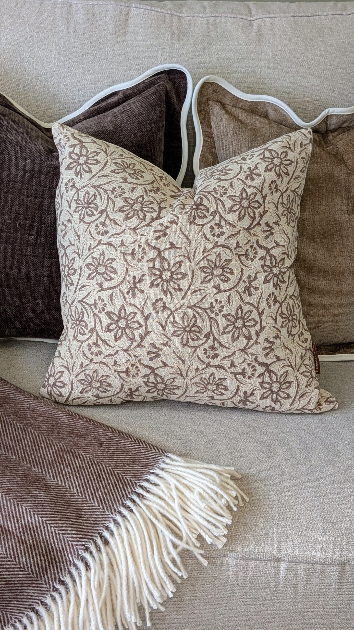 Light Brown Vintage Floral Print Cushion Cover