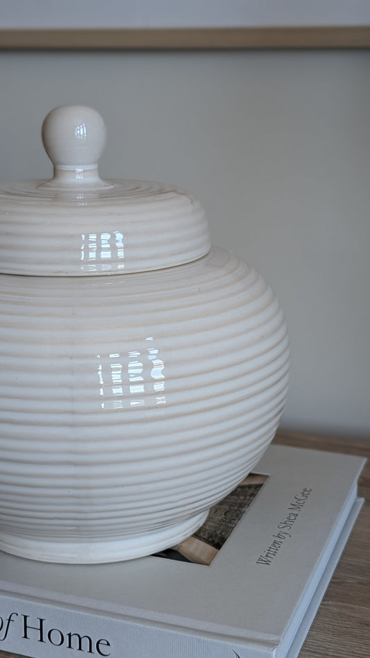 Cream Ribbed Lidded Jar