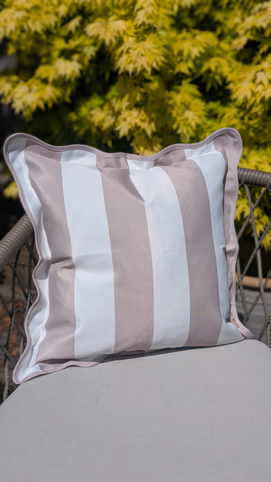 Outdoor Greige Stripe Scalloped Edge Cushion