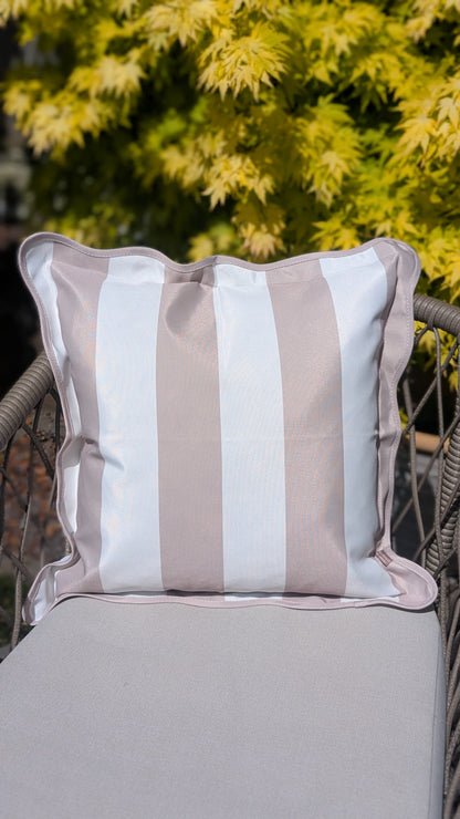 Outdoor Greige Stripe Scalloped Edge Cushion