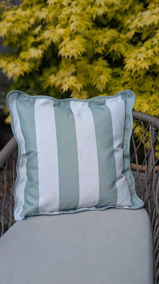 Outdoor Sage Stripe Scalloped Edge Cushion